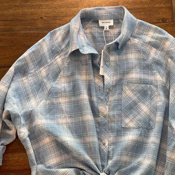 Heyson Lightweight Blue Plaid flannel Oversized Shirt size Small - Picture 9 of 16